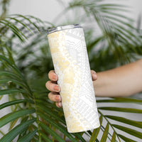 Niue White Sunday Skinny Tumbler Niuean Hiapo With Puakenikeni Lei