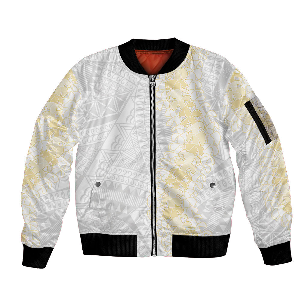 Niue White Sunday Sleeve Zip Bomber Jacket Niuean Hiapo With Puakenikeni Lei