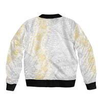 Niue White Sunday Sleeve Zip Bomber Jacket Niuean Hiapo With Puakenikeni Lei