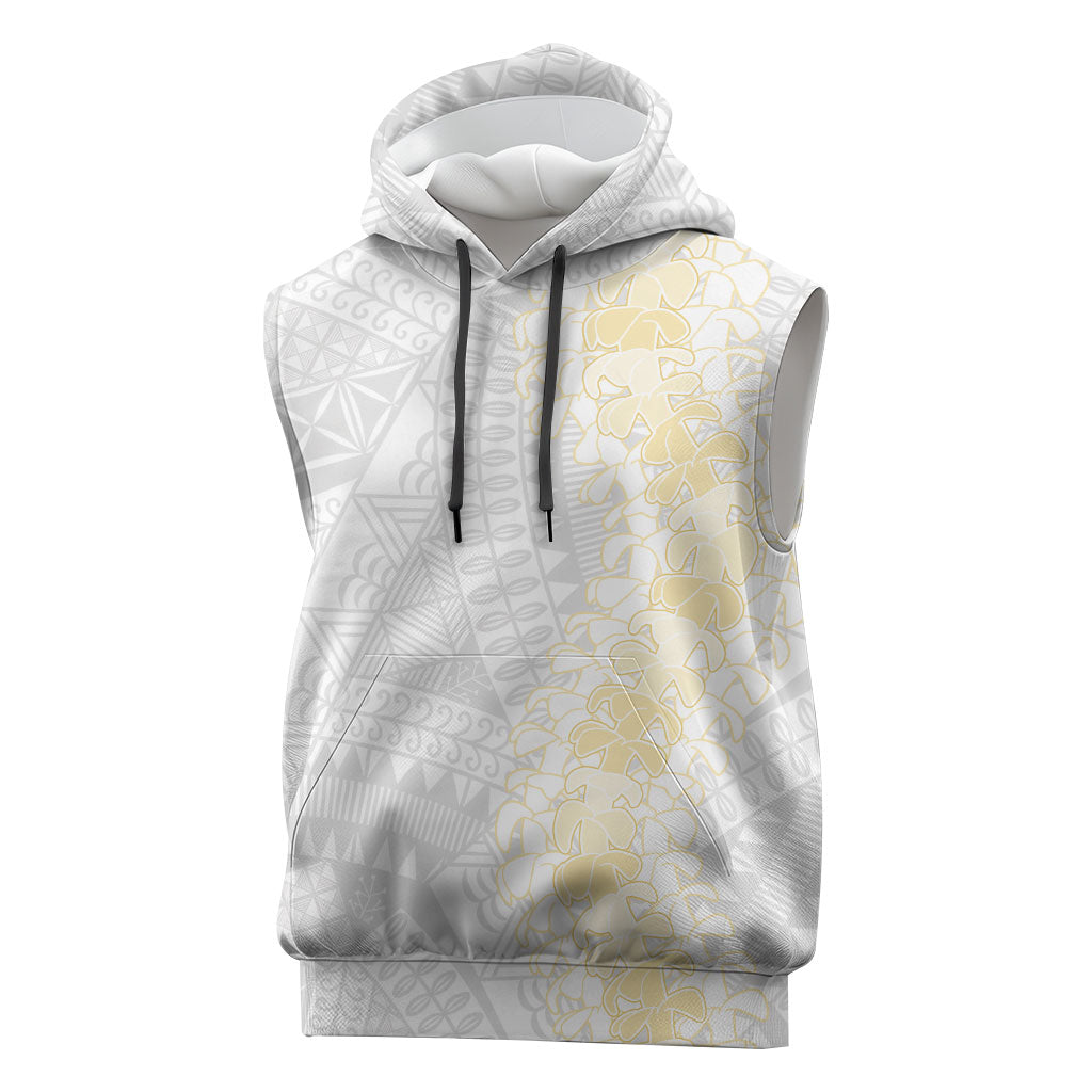 Niue White Sunday Sleeveless Hoodie Niuean Hiapo With Puakenikeni Lei