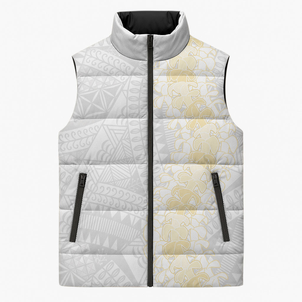 Niue White Sunday Sleeveless Puffer Jacket Niuean Hiapo With Puakenikeni Lei