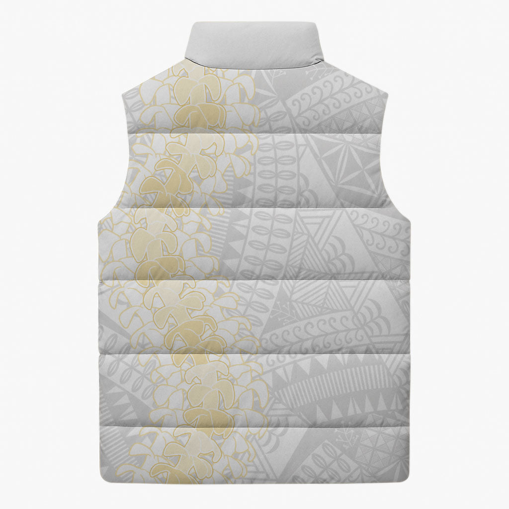 Niue White Sunday Sleeveless Puffer Jacket Niuean Hiapo With Puakenikeni Lei