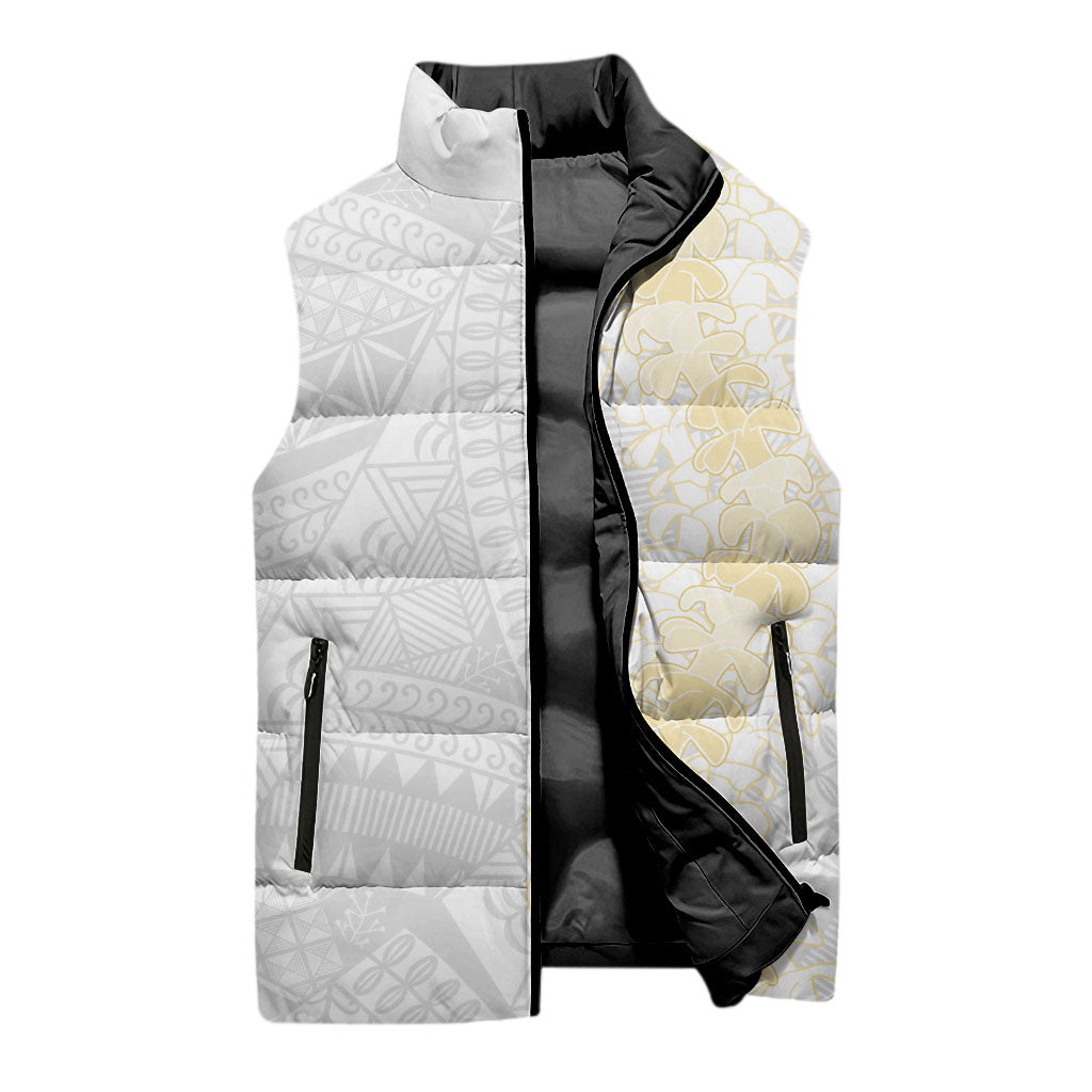 Niue White Sunday Sleeveless Puffer Jacket Niuean Hiapo With Puakenikeni Lei