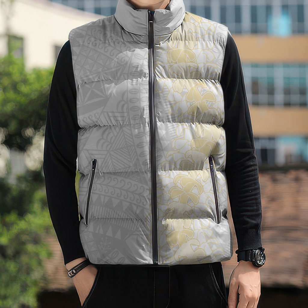 Niue White Sunday Sleeveless Puffer Jacket Niuean Hiapo With Puakenikeni Lei