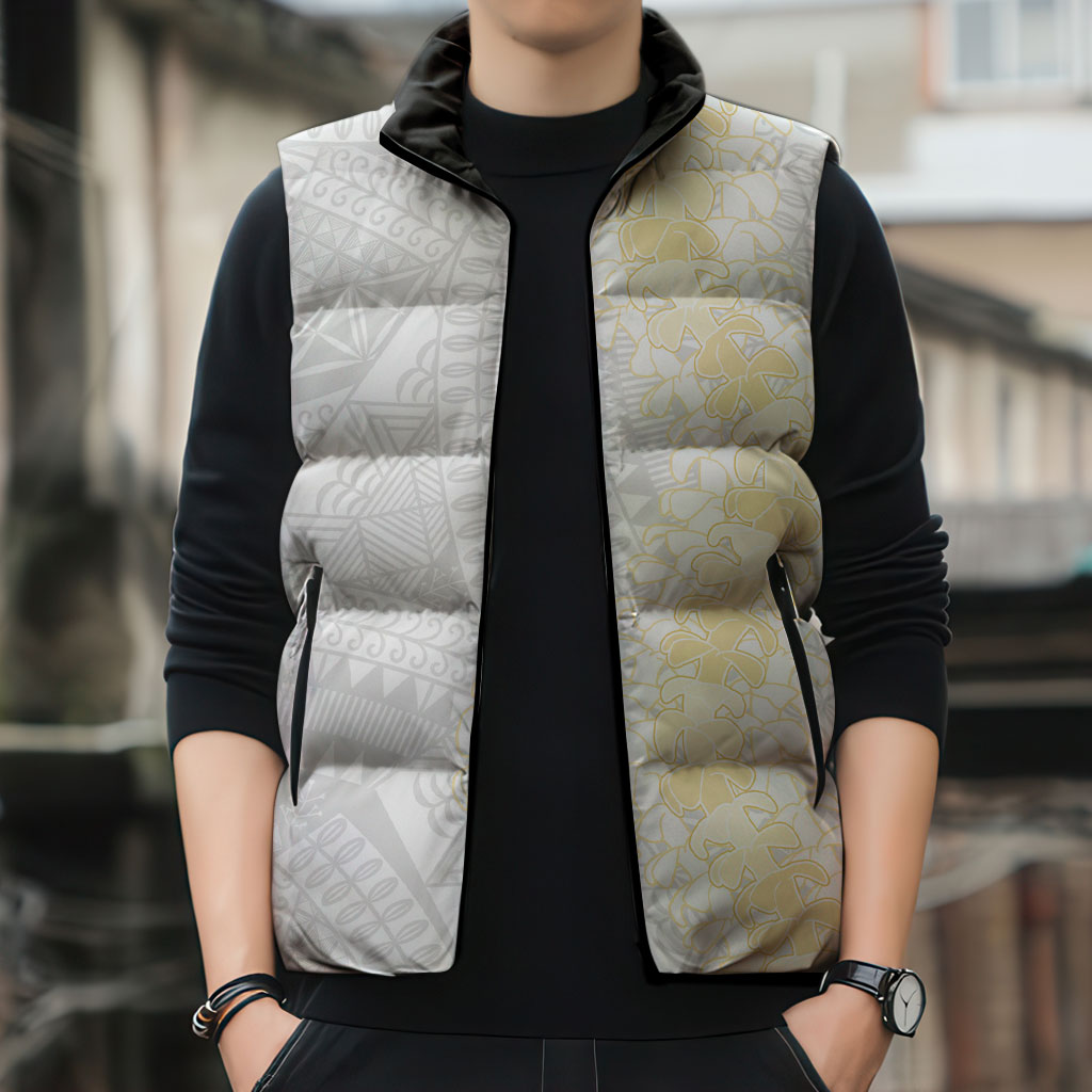 Niue White Sunday Sleeveless Puffer Jacket Niuean Hiapo With Puakenikeni Lei
