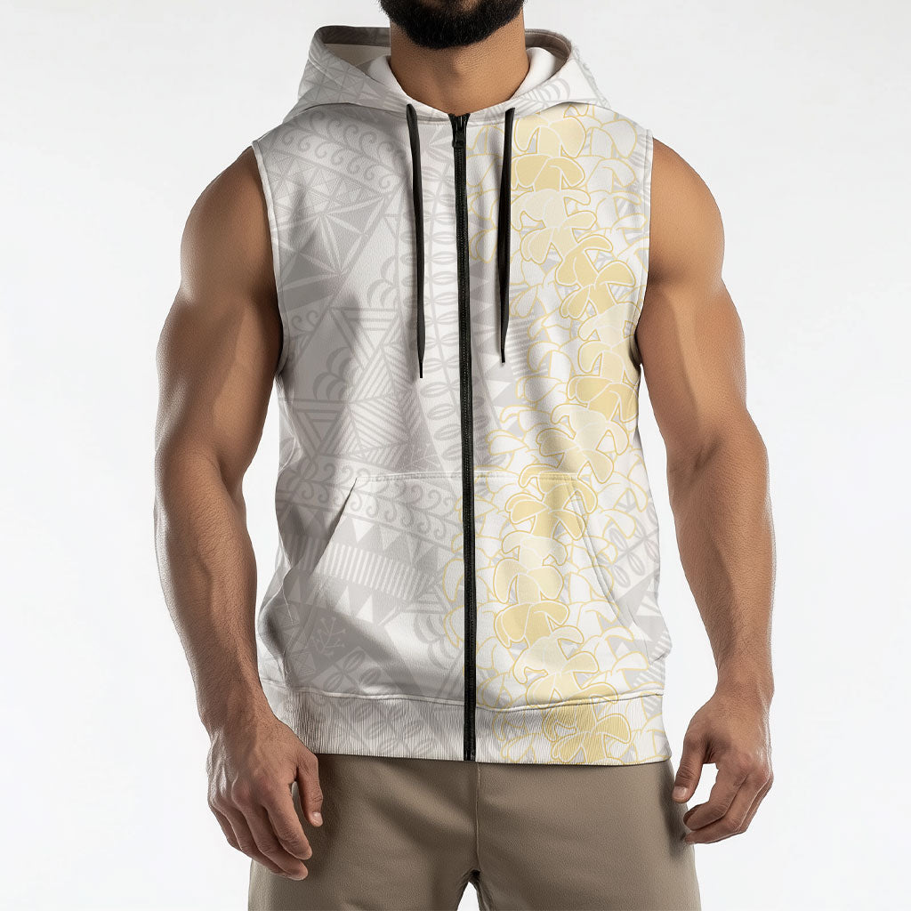 Niue White Sunday Sleeveless Zip Hoodie Niuean Hiapo With Puakenikeni Lei