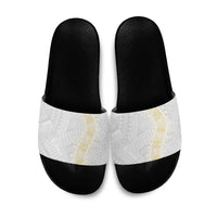 Niue White Sunday Slide Sandals Niuean Hiapo With Puakenikeni Lei