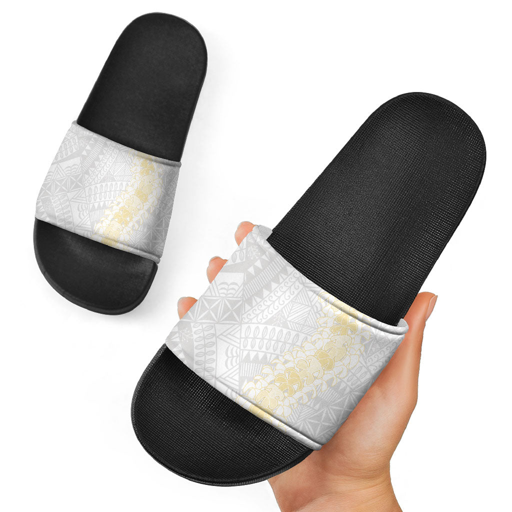 Niue White Sunday Slide Sandals Niuean Hiapo With Puakenikeni Lei