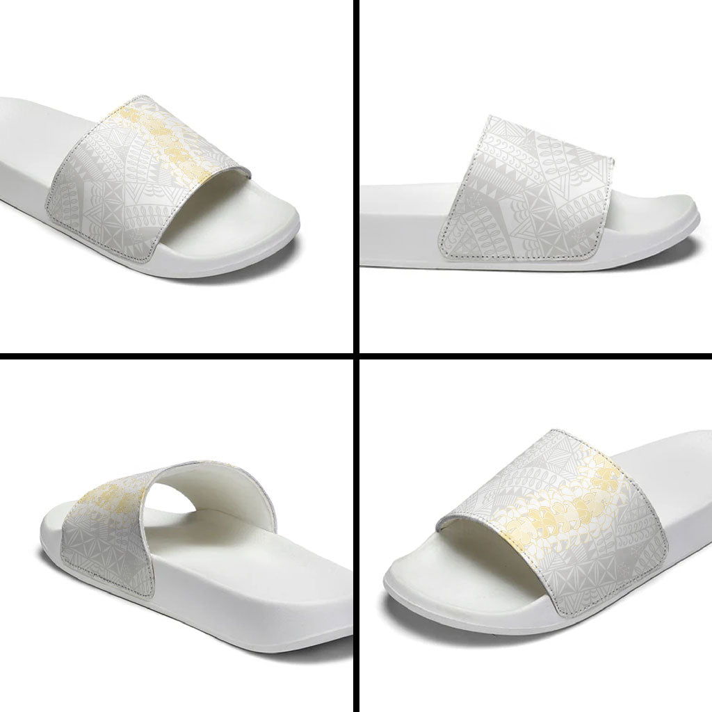 Niue White Sunday Slide Sandals Niuean Hiapo With Puakenikeni Lei