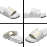 Niue White Sunday Slide Sandals Niuean Hiapo With Puakenikeni Lei