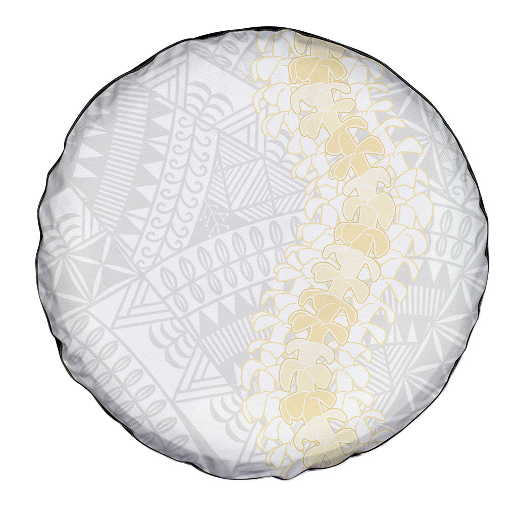 Niue White Sunday Spare Tire Cover Niuean Hiapo With Puakenikeni Lei