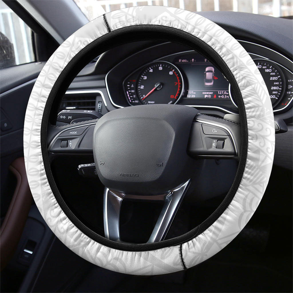 Niue White Sunday Steering Wheel Cover Niuean Hiapo With Puakenikeni Lei