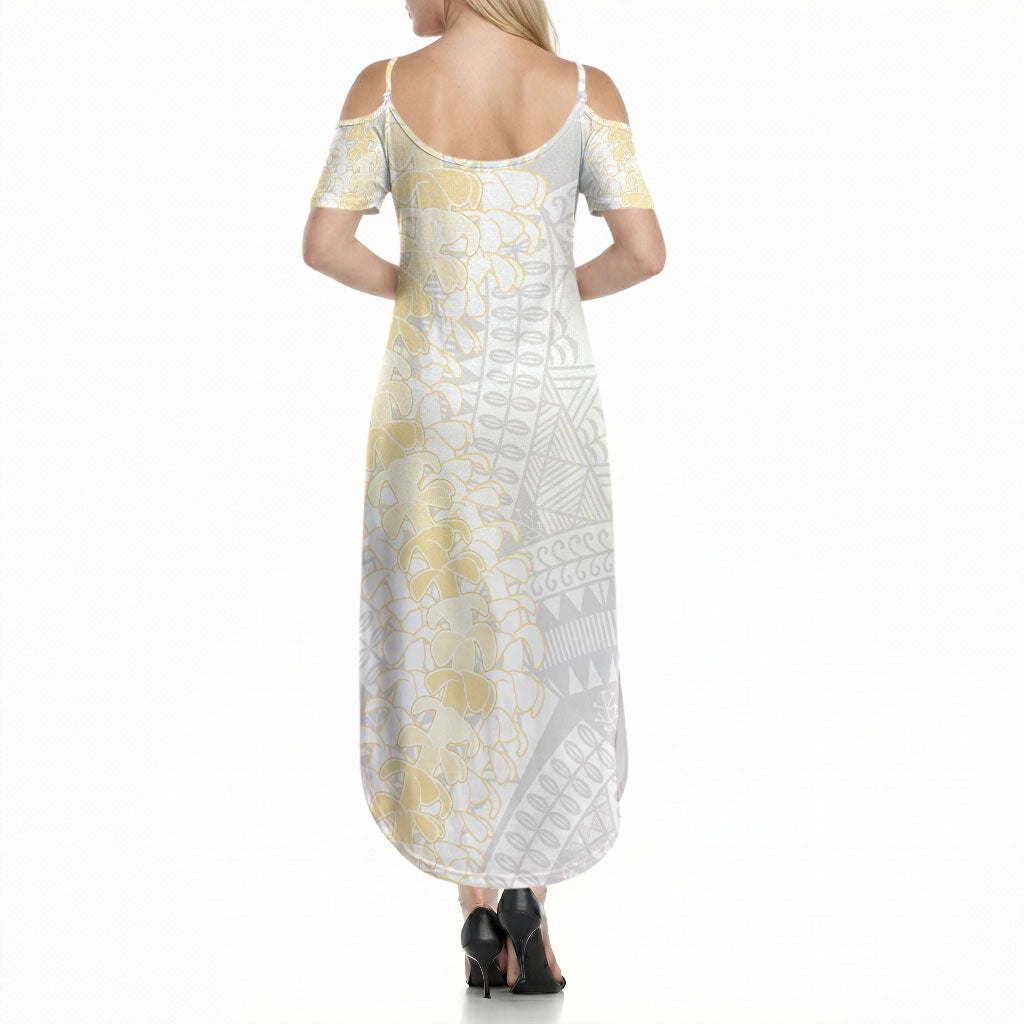 Niue White Sunday Summer Maxi Dress Niuean Hiapo With Puakenikeni Lei