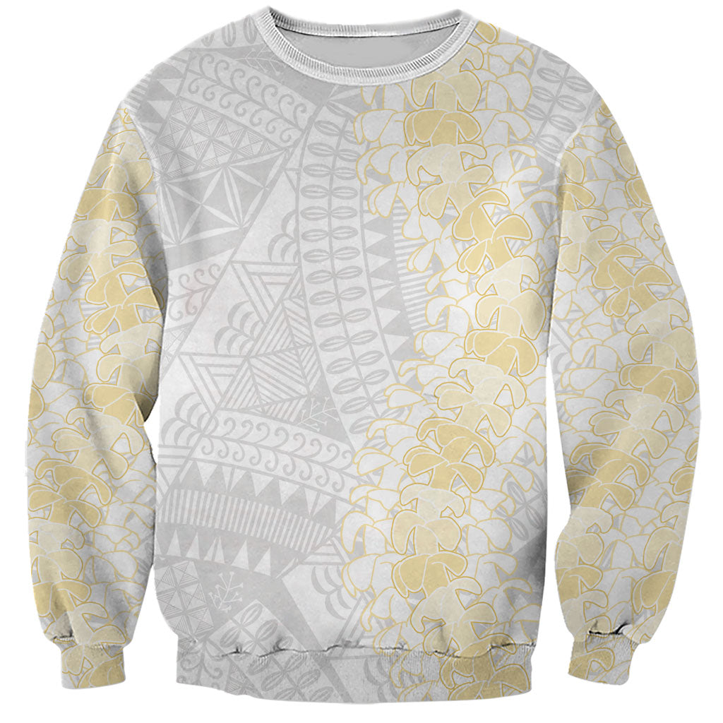 Niue White Sunday Sweatshirt Niuean Hiapo With Puakenikeni Lei