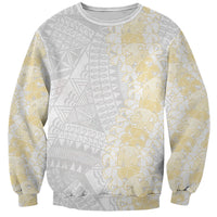 Niue White Sunday Sweatshirt Niuean Hiapo With Puakenikeni Lei