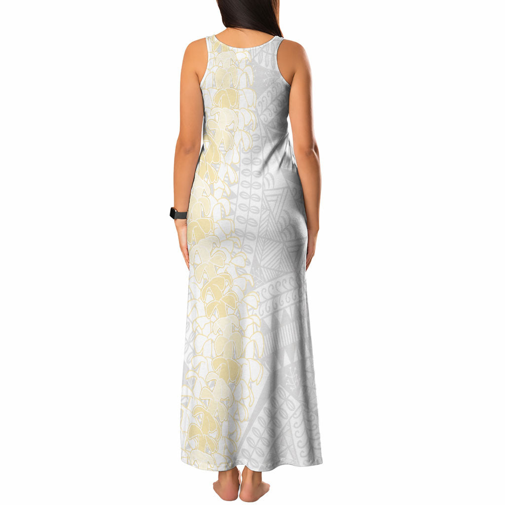 Niue White Sunday Tank Maxi Dress Niuean Hiapo With Puakenikeni Lei