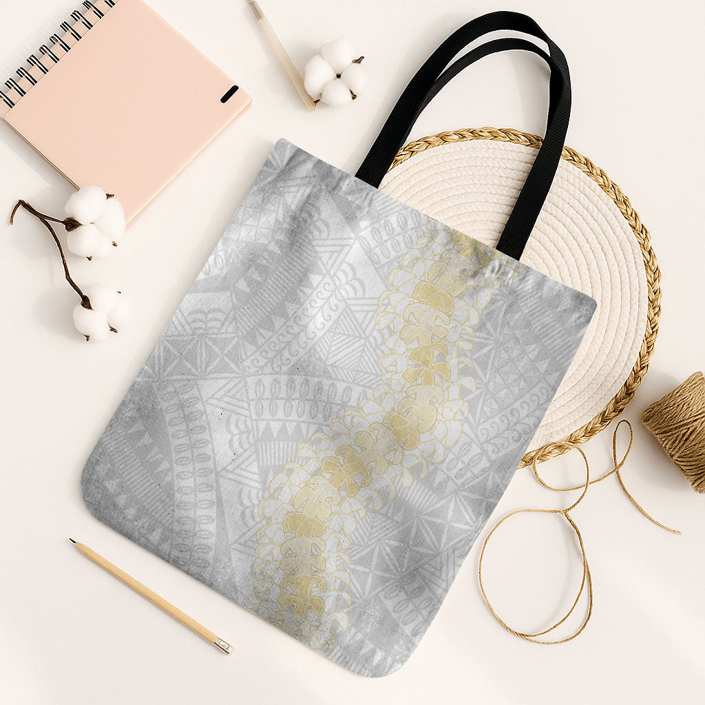 Niue White Sunday Tote Bag Niuean Hiapo With Puakenikeni Lei