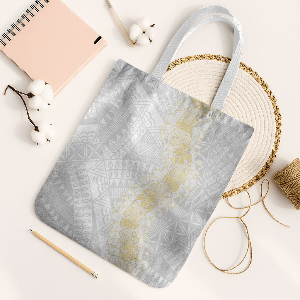 Niue White Sunday Tote Bag Niuean Hiapo With Puakenikeni Lei