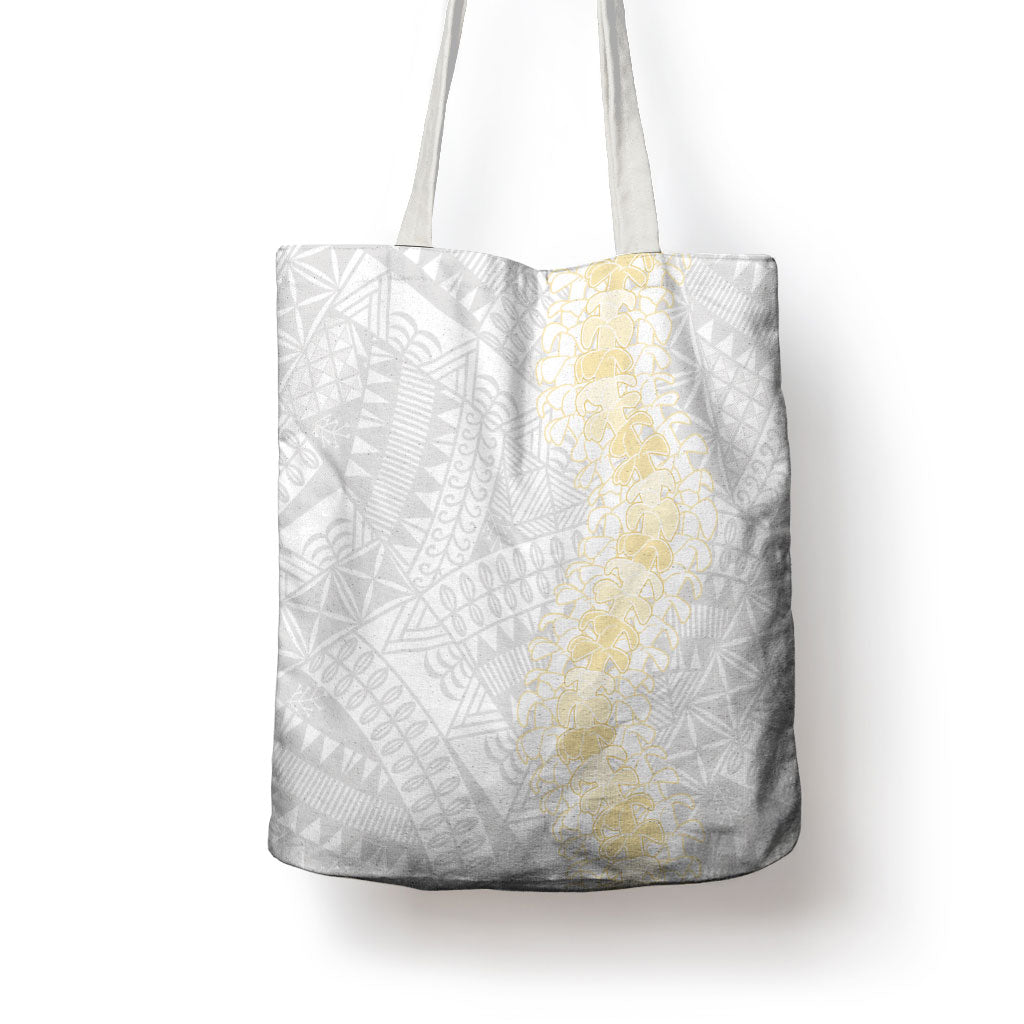 Niue White Sunday Tote Bag Niuean Hiapo With Puakenikeni Lei