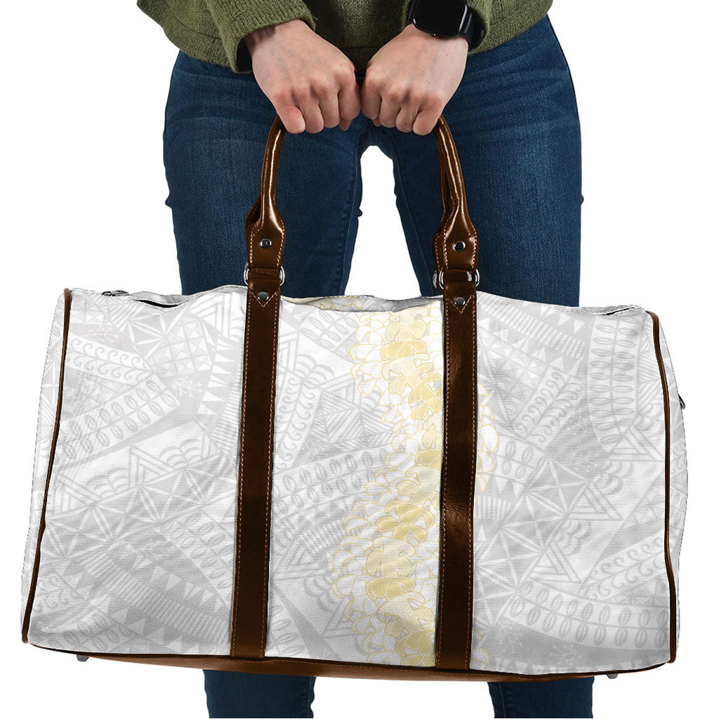 Niue White Sunday Travel Bag Niuean Hiapo With Puakenikeni Lei