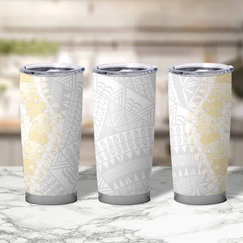 Niue White Sunday Tumbler Cup Niuean Hiapo With Puakenikeni Lei