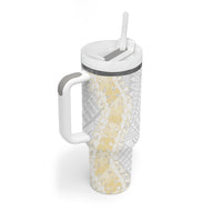 Niue White Sunday Tumbler With Handle Niuean Hiapo With Puakenikeni Lei