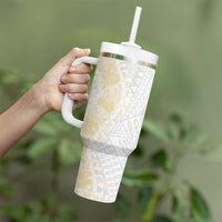 Niue White Sunday Tumbler With Handle Niuean Hiapo With Puakenikeni Lei