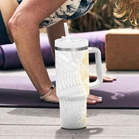 Niue White Sunday Tumbler With Handle Niuean Hiapo With Puakenikeni Lei