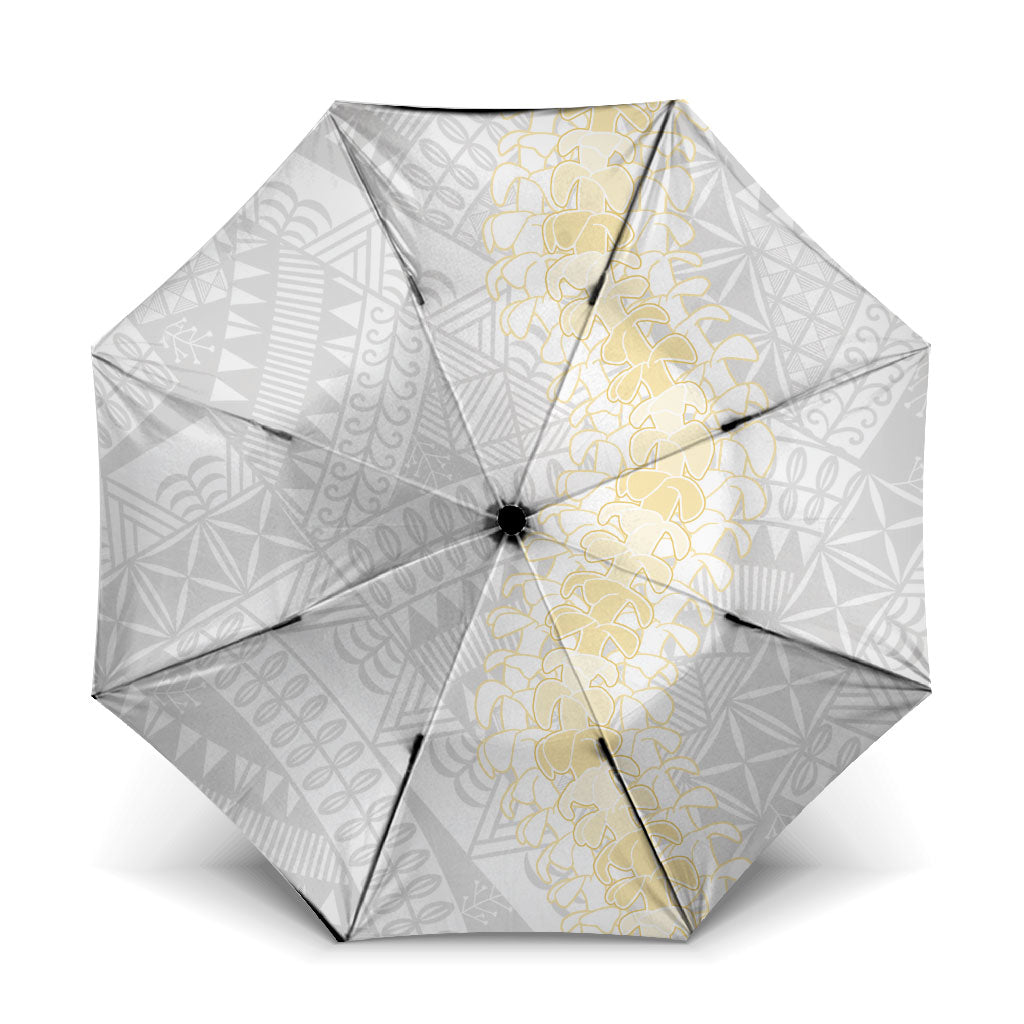 Niue White Sunday Umbrella Niuean Hiapo With Puakenikeni Lei
