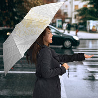 Niue White Sunday Umbrella Niuean Hiapo With Puakenikeni Lei