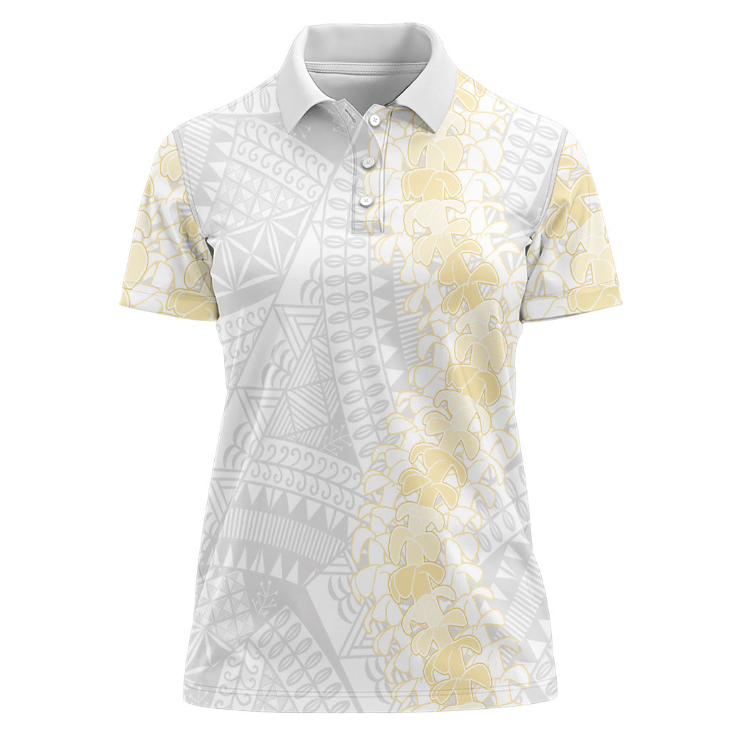 Niue White Sunday Women Polo Shirt Niuean Hiapo With Puakenikeni Lei