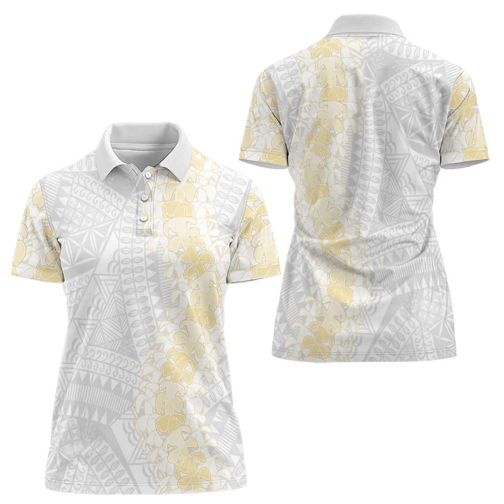 Niue White Sunday Women Polo Shirt Niuean Hiapo With Puakenikeni Lei