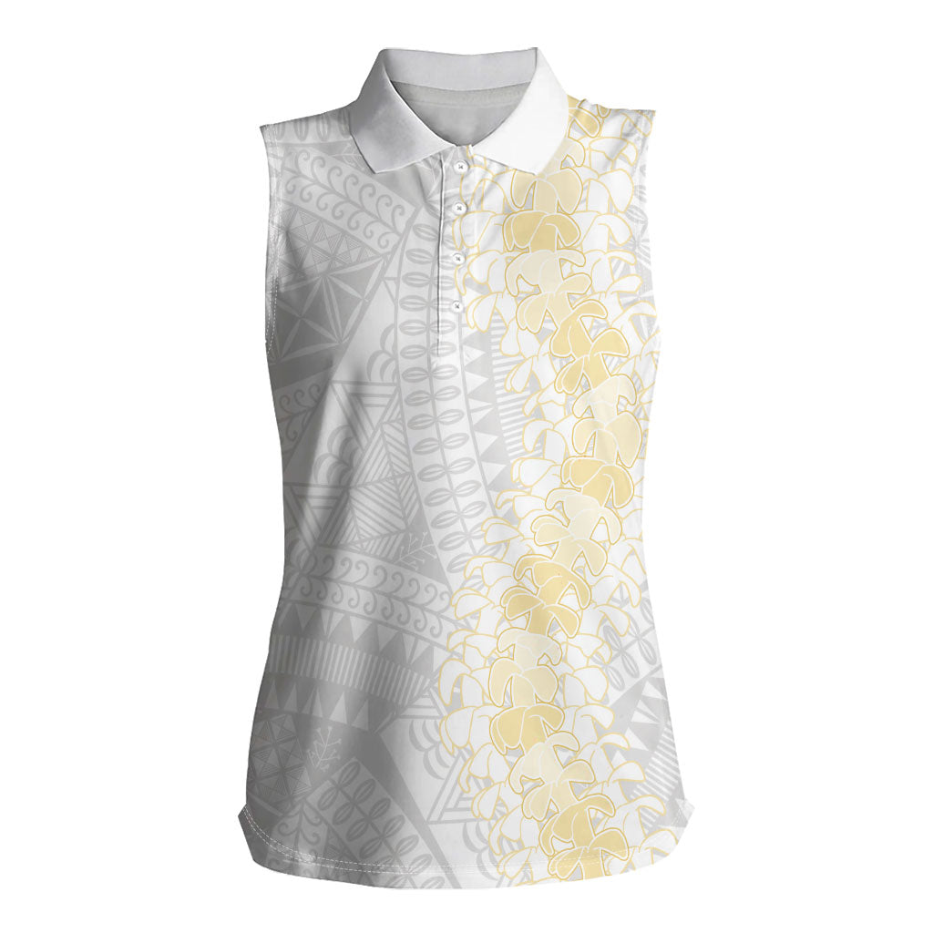 Niue White Sunday Women Sleeveless Polo Shirt Niuean Hiapo With Puakenikeni Lei