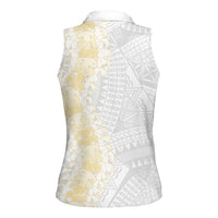 Niue White Sunday Women Sleeveless Polo Shirt Niuean Hiapo With Puakenikeni Lei