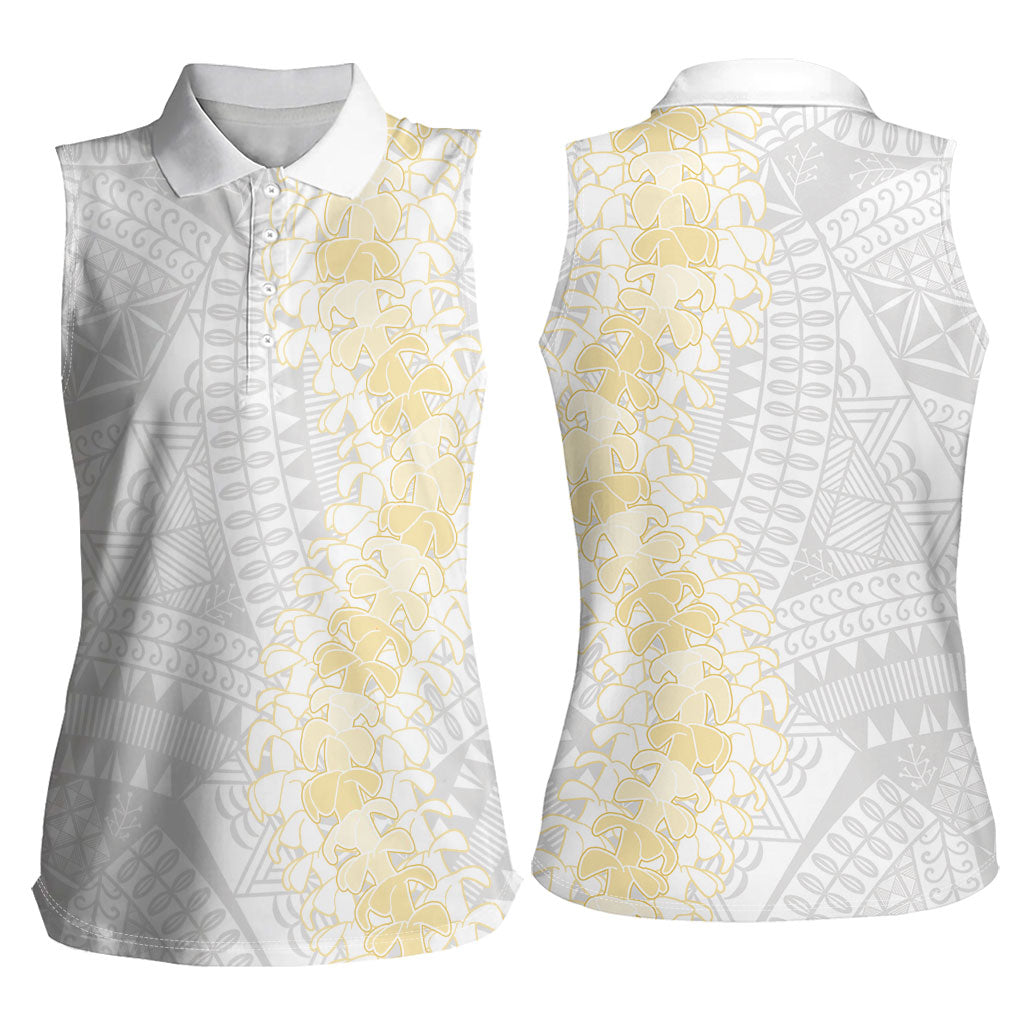 Niue White Sunday Women Sleeveless Polo Shirt Niuean Hiapo With Puakenikeni Lei