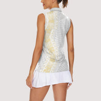 Niue White Sunday Women Sleeveless Polo Shirt Niuean Hiapo With Puakenikeni Lei