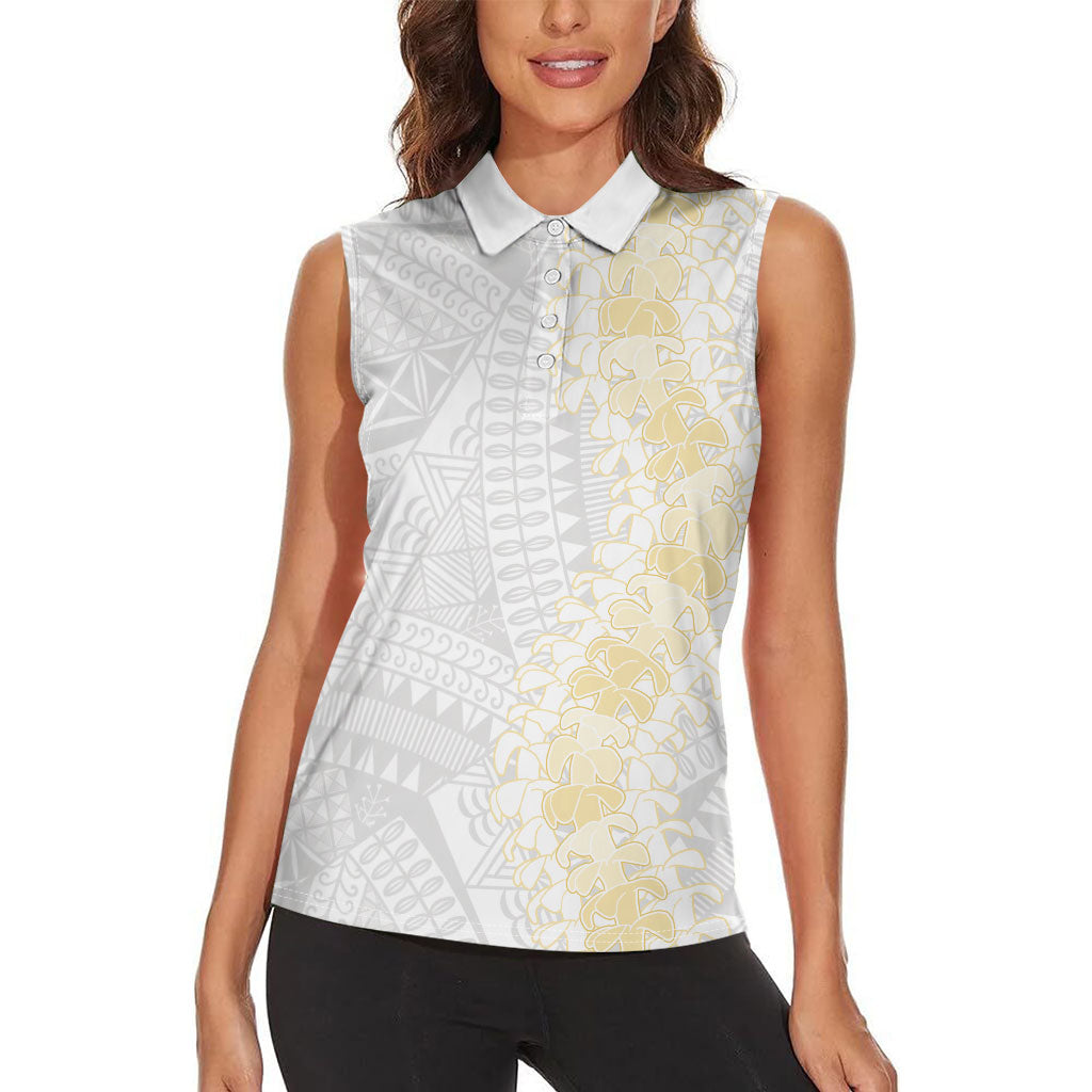 Niue White Sunday Women Sleeveless Polo Shirt Niuean Hiapo With Puakenikeni Lei
