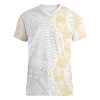 Niue White Sunday Women V-Neck T-Shirt Niuean Hiapo With Puakenikeni Lei