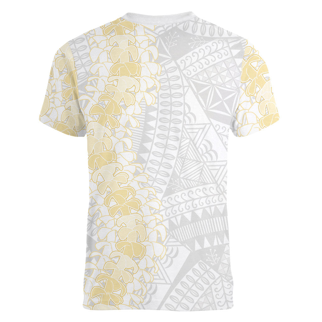 Niue White Sunday Women V-Neck T-Shirt Niuean Hiapo With Puakenikeni Lei