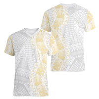 Niue White Sunday Women V-Neck T-Shirt Niuean Hiapo With Puakenikeni Lei