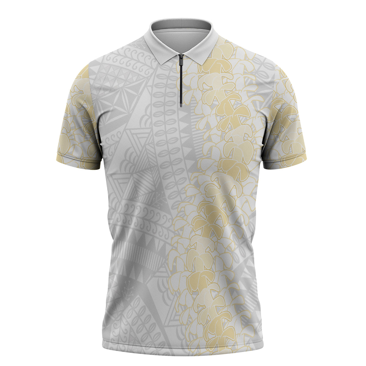 Niue White Sunday Zipper Polo Shirt Niuean Hiapo With Puakenikeni Lei