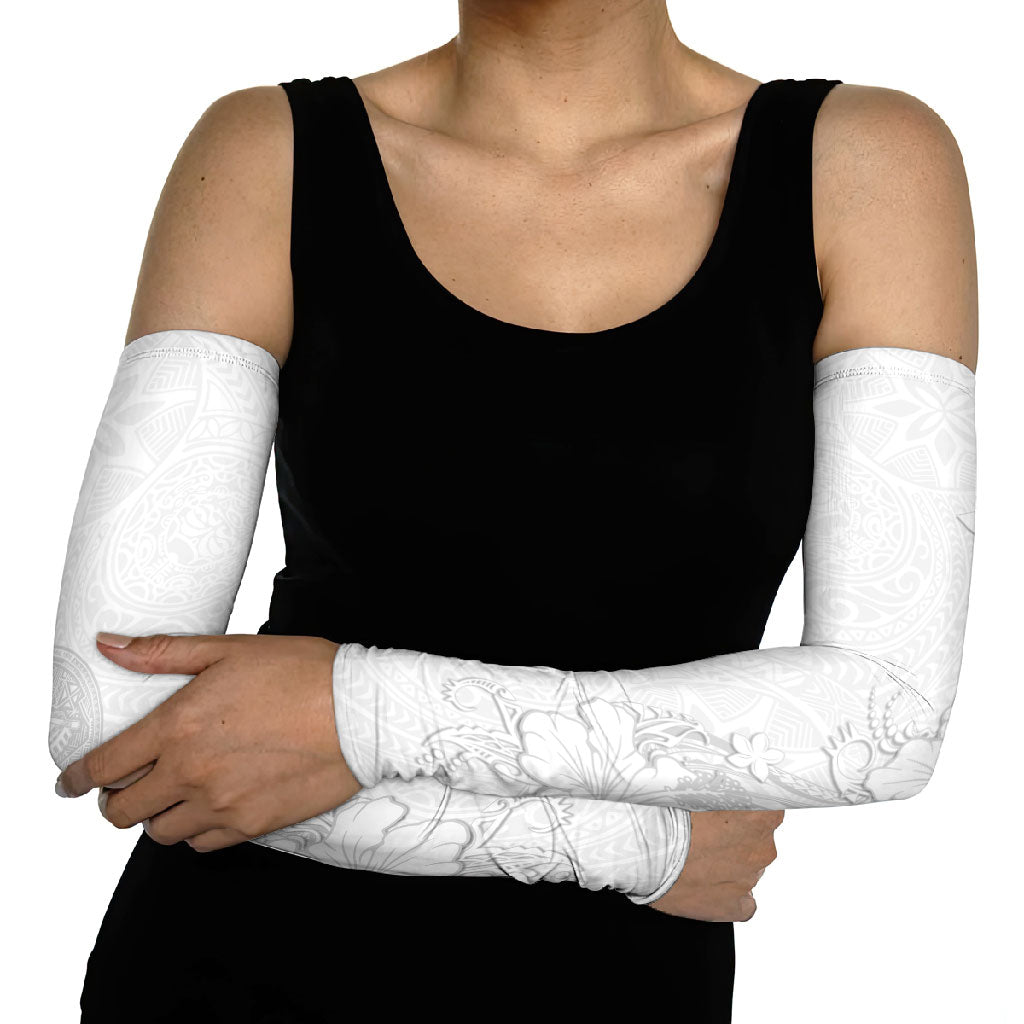 American Samoa White Sunday Arm Sleeves Polynesian Pattern With Tropical Flowers