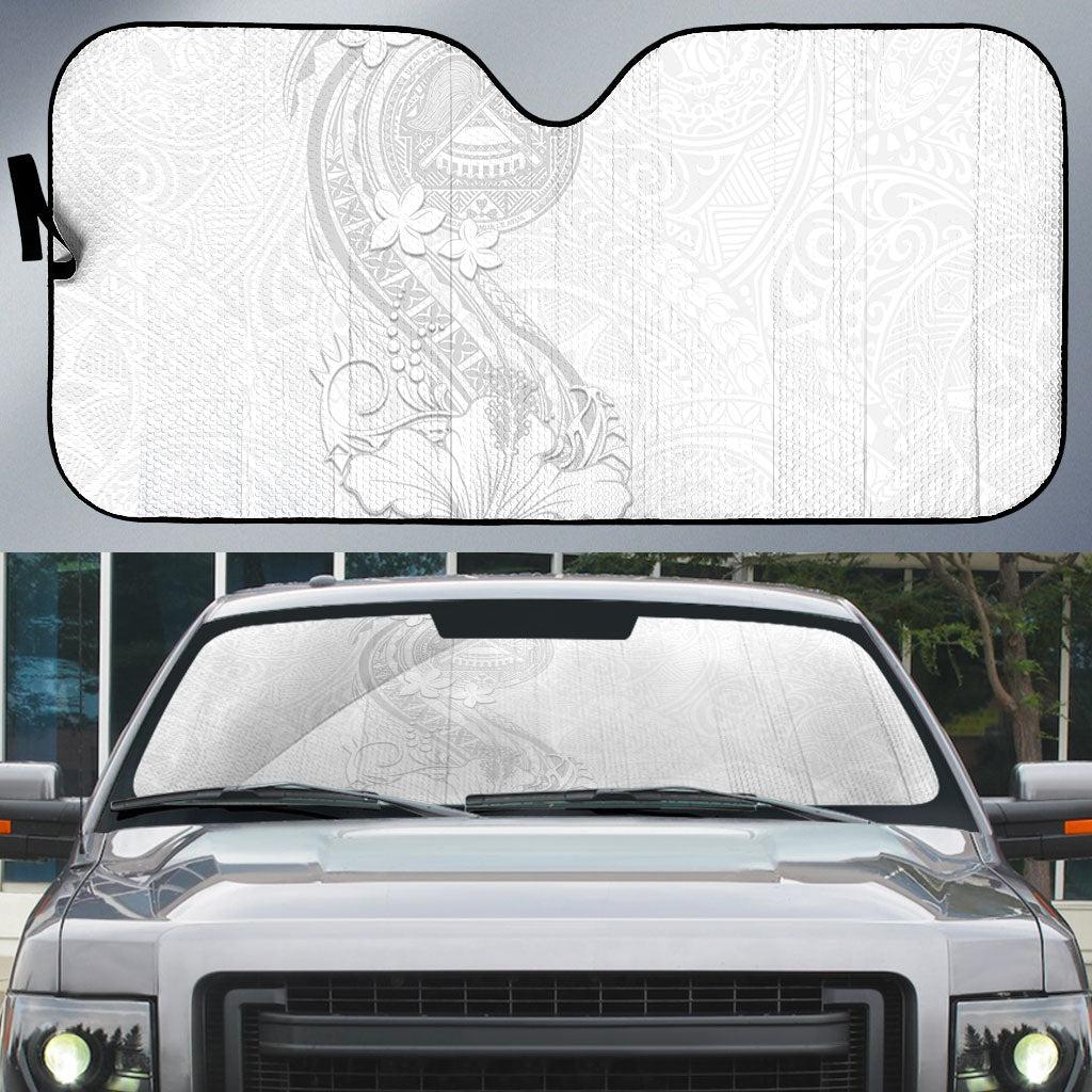 American Samoa White Sunday Auto Sun Shade Polynesian Pattern With Tropical Flowers