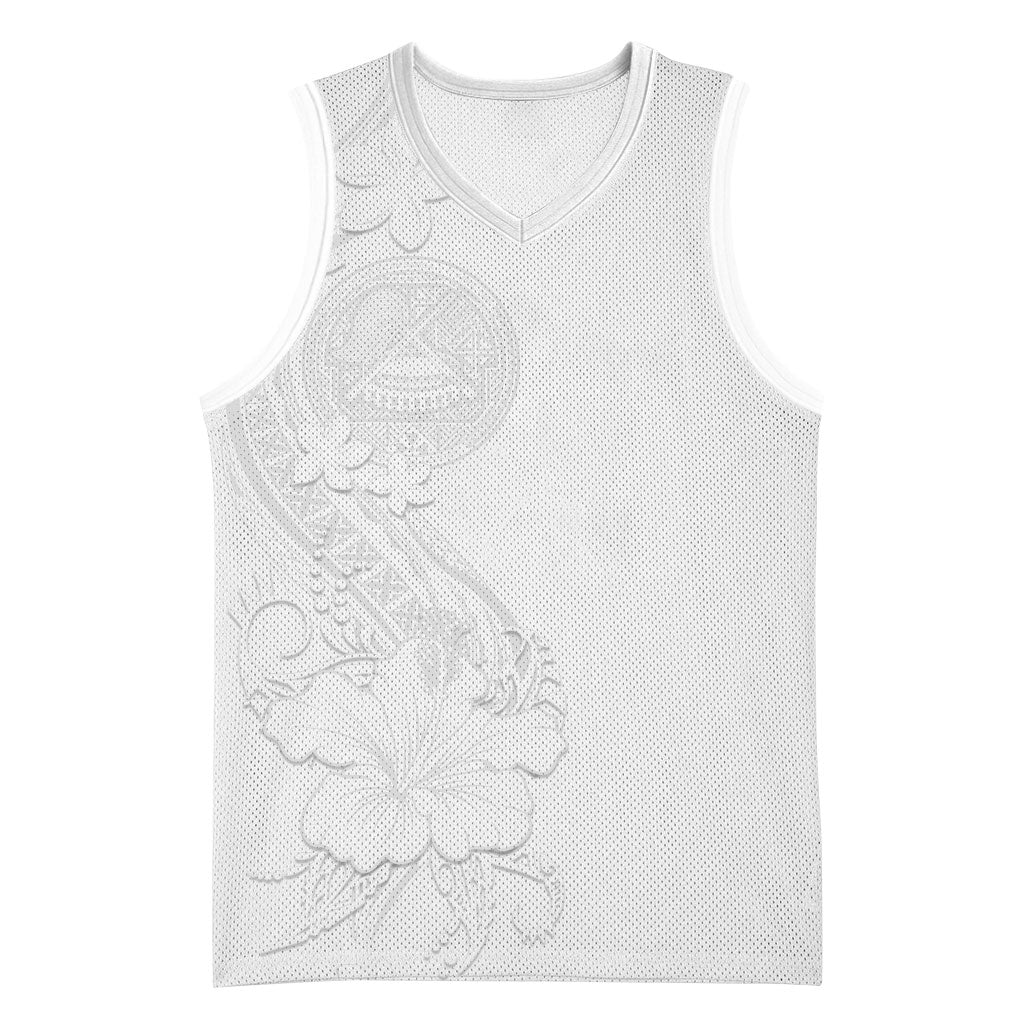 American Samoa White Sunday Basketball Jersey Polynesian Pattern With Tropical Flowers