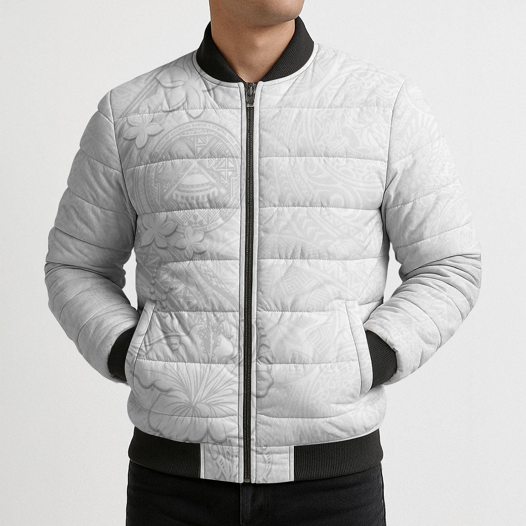American Samoa White Sunday Bomber Puffer Jacket Polynesian Pattern With Tropical Flowers