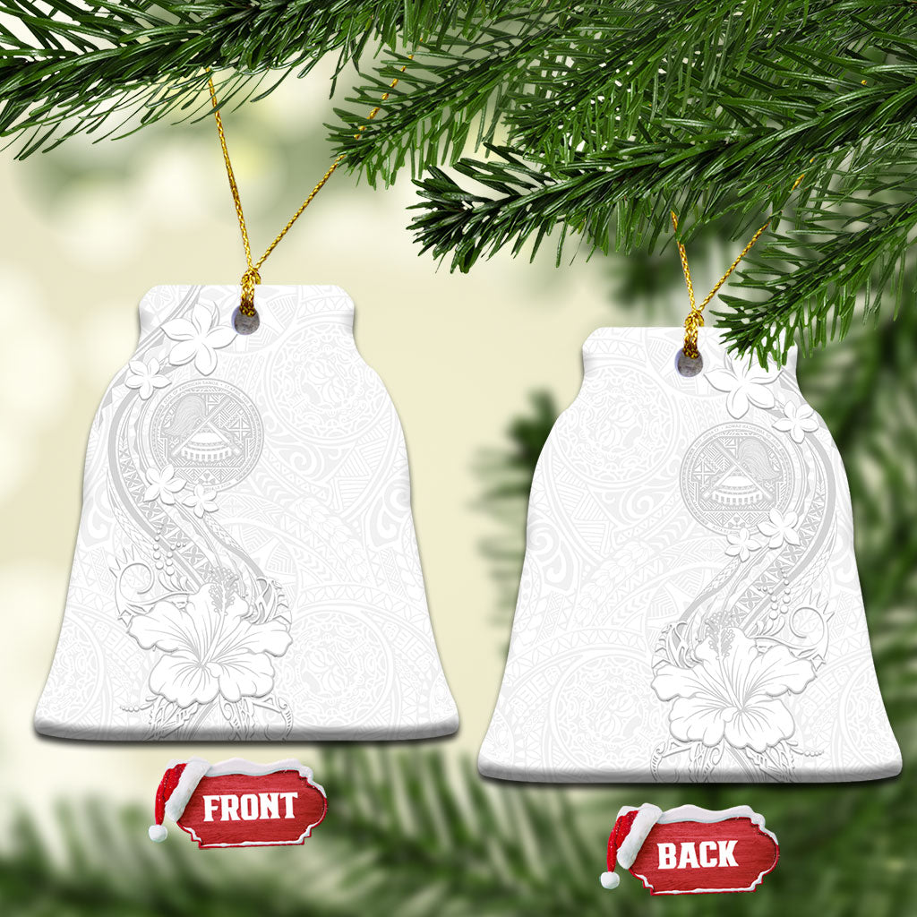 American Samoa White Sunday Ceramic Ornament Polynesian Pattern With Tropical Flowers LT05 Bell Flake White - Polynesian Pride
