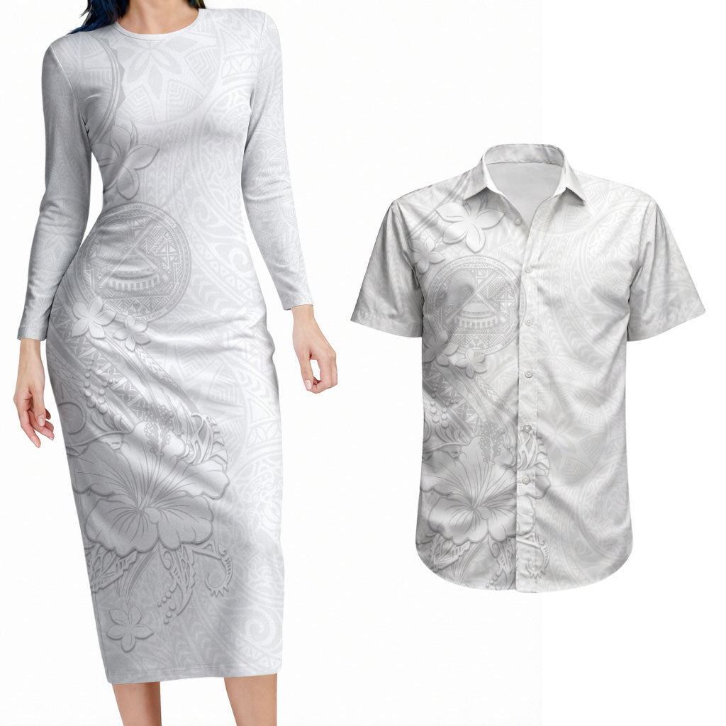 American Samoa White Sunday Couples Matching Long Sleeve Bodycon Dress and Hawaiian Shirt Polynesian Pattern With Tropical Flowers