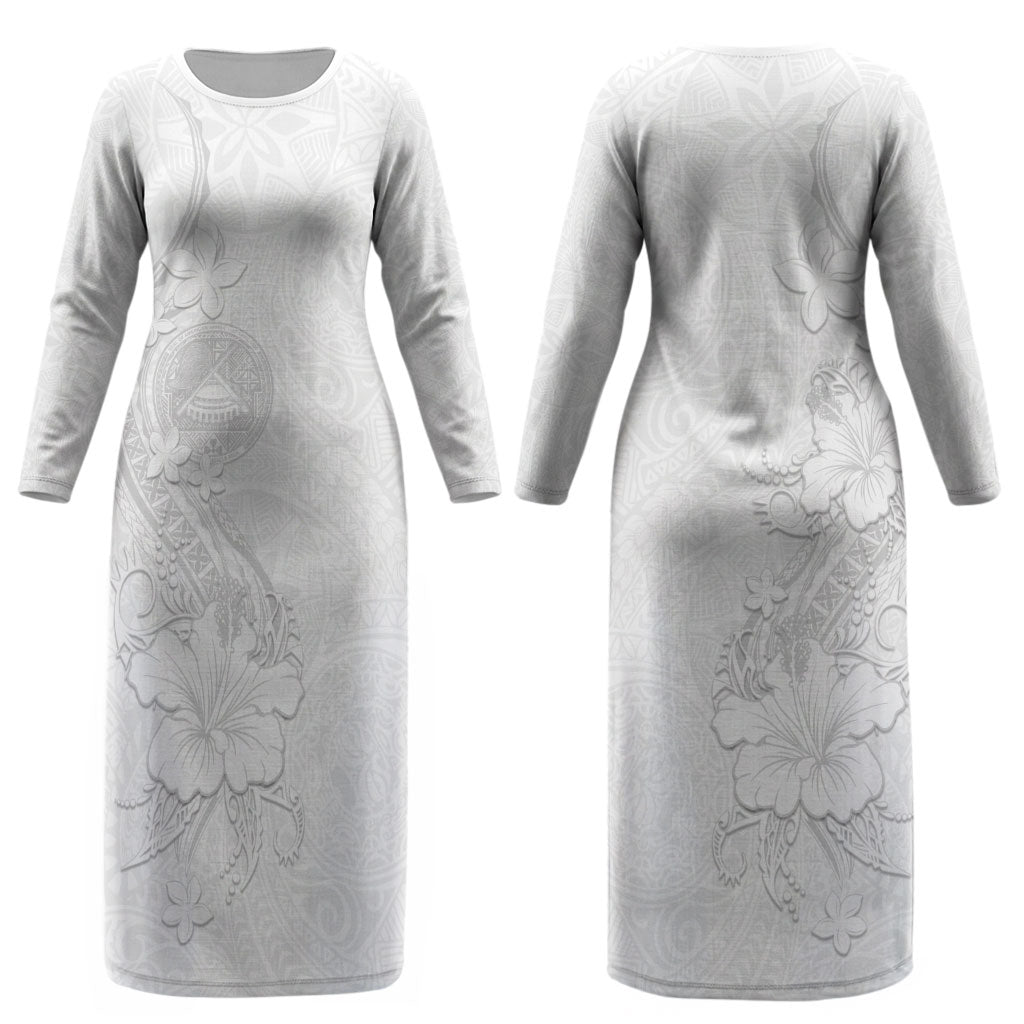 American Samoa White Sunday Couples Matching Long Sleeve Bodycon Dress and Hawaiian Shirt Polynesian Pattern With Tropical Flowers