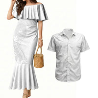American Samoa White Sunday Couples Matching Mermaid Dress and Hawaiian Shirt Polynesian Pattern With Tropical Flowers