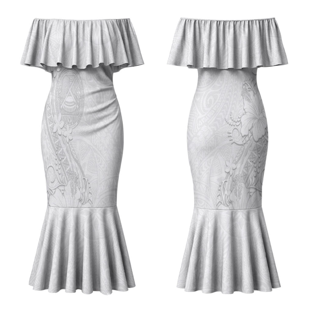 American Samoa White Sunday Couples Matching Mermaid Dress and Hawaiian Shirt Polynesian Pattern With Tropical Flowers